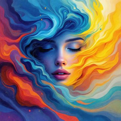 The primary subject of the image is a woman with long hair, who is looking at the camera. She is surrounded by a vibrant and colorful background, which includes a mix of blue, yellow, and orange hues. The visual style of the image is a combination of digital art and illustration, creating a unique and artistic representation of the woman. The overall atmosphere of the image is lively and energetic, with the woman's gaze and the vivid colors in the background capturing the viewer's